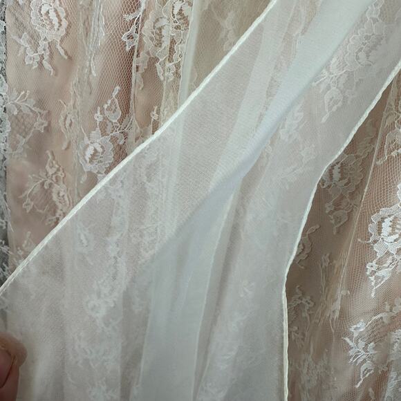 Vintage 80s Pink Peach Lace Dress Victorian Frilly Rosette Coquette Cottage Prom - Picture 13 of 15